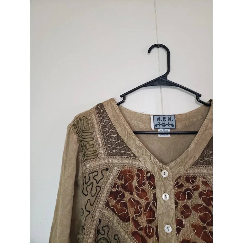VTG MPH Womens M Maxi Dress Brown Embroidered Hippie Boho 100% Rayon Lightweight - Picture 4 of 6